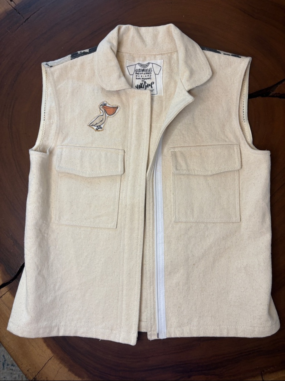 Yoki Shop Canvas Vest Embroidered Floral Back Pelican Patch Utility Vest Small